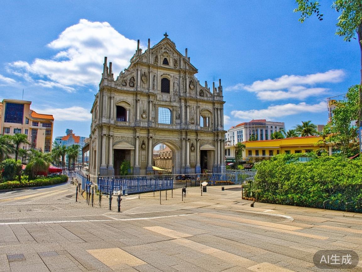 大三巴牌坊作为澳门最著名的历史地标之一，位于澳门旧